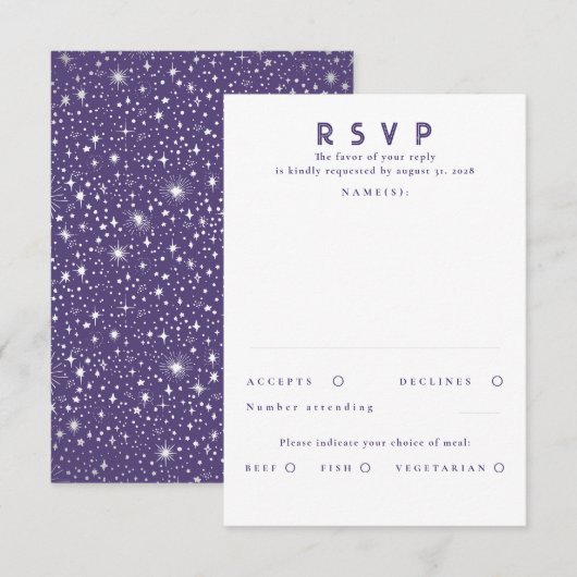 Silver Foil Stars Modern Wedding RSVP Karte (Vorne/Hinten)