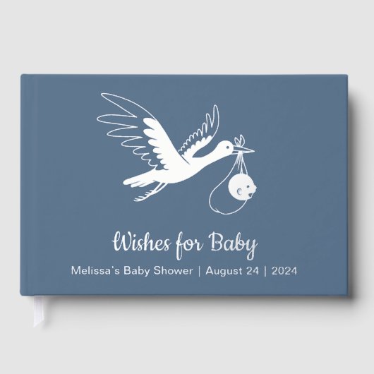 Silver Foil Stork on Blue Baby Shower Gästebuch (Vorderseite)