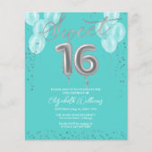 Silver Foil Sweet 16 Balloons Budget Einladungen (Vorderseite)