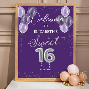 Silver Foil Sweet 16 Balloons Lila Begrüßungszeich Poster