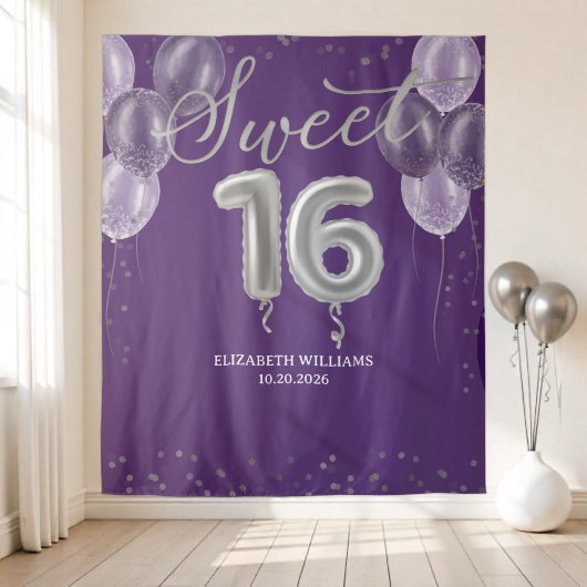 Silver Foil Sweet 16 Balloons Lila Hintergrund Wandteppich