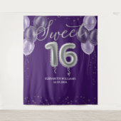 Silver Foil Sweet 16 Balloons Lila Hintergrund Wandteppich (Vorderseite)