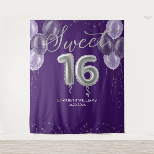 Silver Foil Sweet 16 Balloons Lila Hintergrund Wandteppich (Vorderseite)