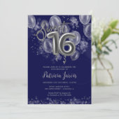 Silver Foil Sweet 16 Balloons Party Royal Blue Einladung (Stehend Vorderseite)