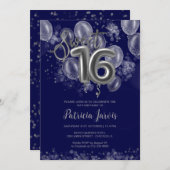 Silver Foil Sweet 16 Balloons Party Royal Blue Einladung (Vorne/Hinten)