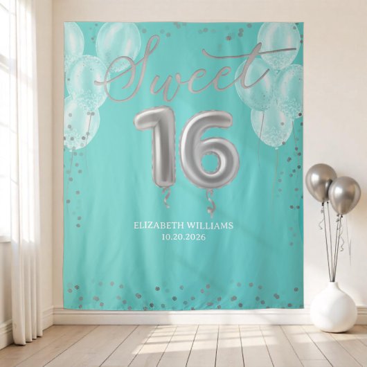 Silver Foil Sweet 16 Balloons Royal Aquamarin Back Wandteppich