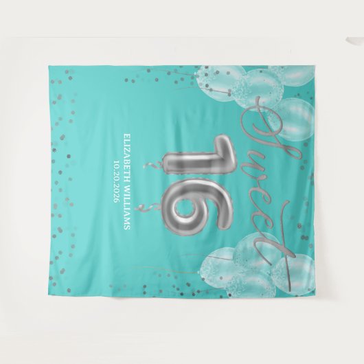 Silver Foil Sweet 16 Balloons Royal Aquamarin Back Wandteppich (Vorderseite (Horizontal))