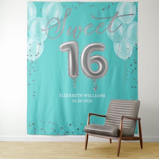 Silver Foil Sweet 16 Balloons Royal Aquamarin Back Wandteppich (Beispiel)
