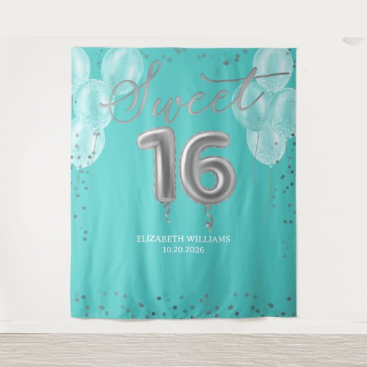 Silver Foil Sweet 16 Balloons Royal Aquamarin Back Wandteppich (Vorderseite)