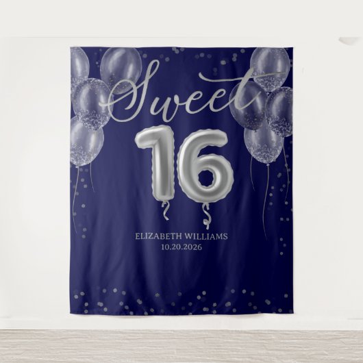 Silver Foil Sweet 16 Balloons Royal Blue Hintergru Wandteppich (Vorderseite)