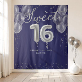 Silver Foil Sweet 16 Balloons Royal Blue Hintergru Wandteppich