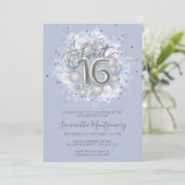 Silver Foil Sweet 16 Bday Balloons Dusty Blue Einladung (Stehend Vorderseite)