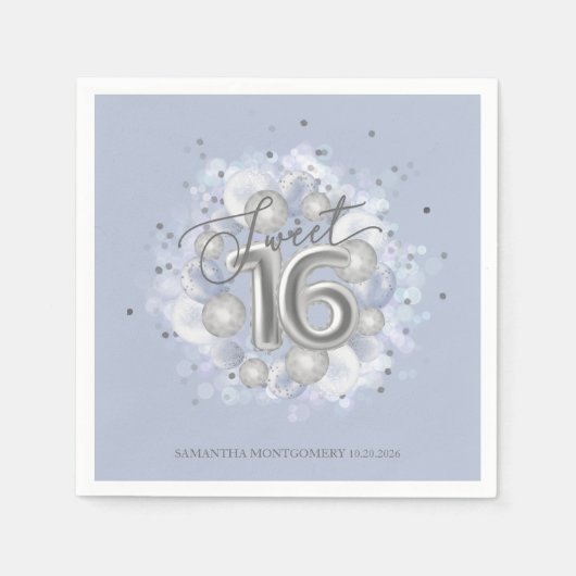 Silver Foil Sweet 16 Bday Balloons Dusty Blue Serviette (Vorderseite)
