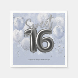 Silver Foil Sweet 16 Bday Balloons Dusty Blue Serviette