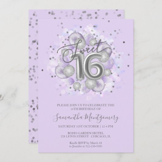Silver Foil Sweet 16 Bday Balloons Party Lavender Einladung (Vorne/Hinten)
