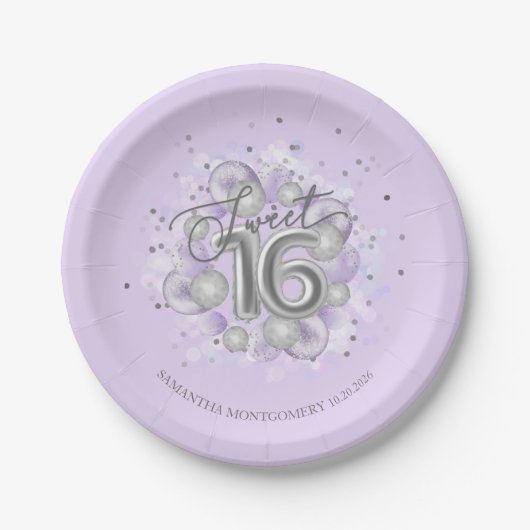 Silver Foil Sweet 16 Bday Balloons Party Lavender Pappteller (Vorderseite)