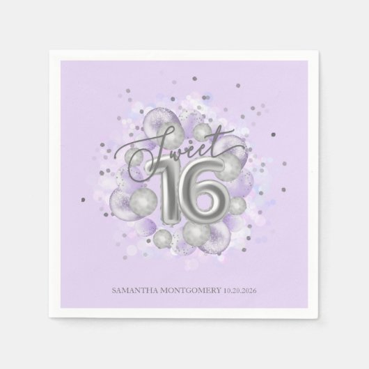 Silver Foil Sweet 16 Bday Balloons Party Lavender Serviette (Vorderseite)