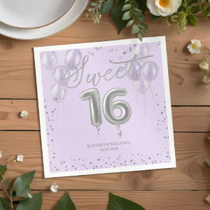 Silver Foil Sweet 16 Bday Balloons Party Lavender Serviette