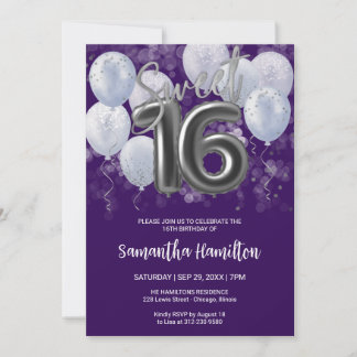 Silver Foil Sweet 16 Bday Balloons Party Lila Einladung