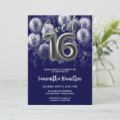 Silver Foil Sweet 16 Bday Balloons Royal Blue Einladung (Stehend Vorderseite)