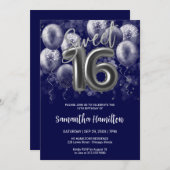 Silver Foil Sweet 16 Bday Balloons Royal Blue Einladung (Vorne/Hinten)
