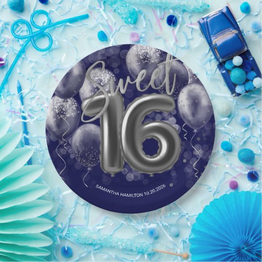 Silver Foil Sweet 16 Bday Balloons Royal Blue Pappteller (Party)