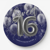 Silver Foil Sweet 16 Bday Balloons Royal Blue Pappteller (Vorderseite)