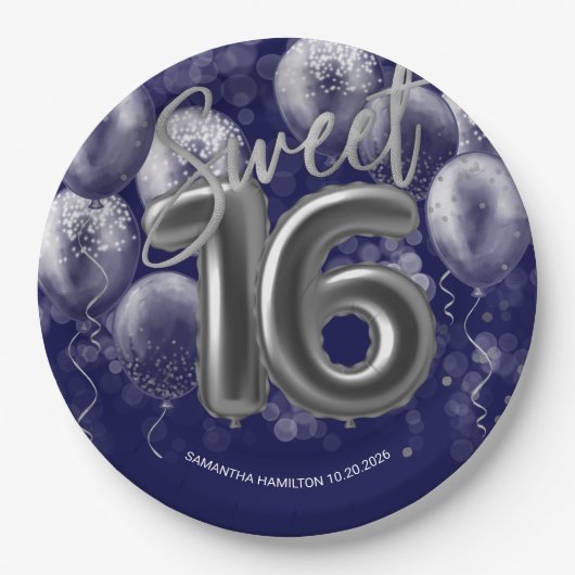 Silver Foil Sweet 16 Bday Balloons Royal Blue Pappteller (Vorderseite)