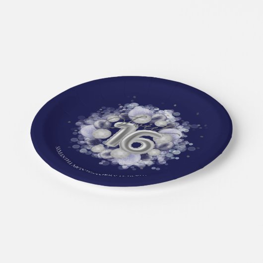 Silver Foil Sweet 16 Bday Balloons Royal Blue Pappteller (Schrägansicht)