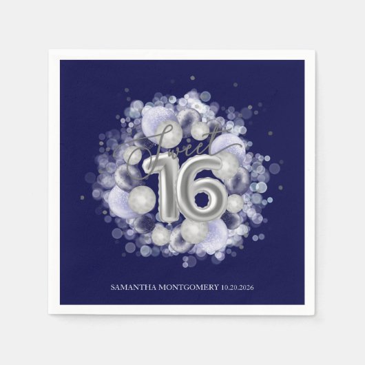 Silver Foil Sweet 16 Bday Balloons Royal Blue Serviette (Vorderseite)