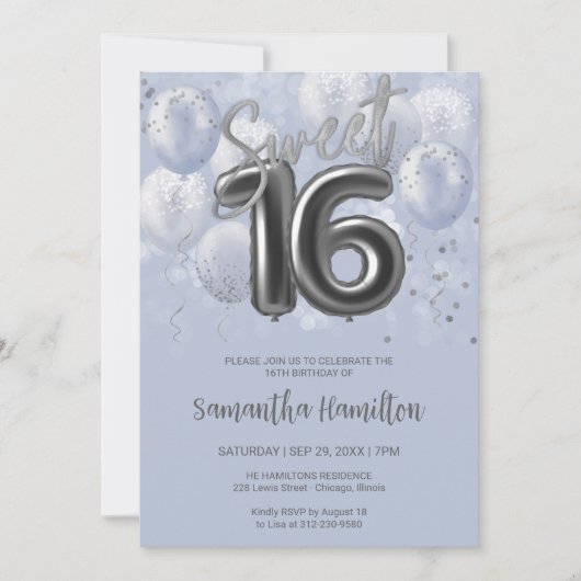 Silver Foil Sweet 16 Birthday Balloons Dusty Blue Einladung (Vorderseite)