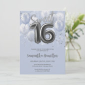 Silver Foil Sweet 16 Birthday Balloons Dusty Blue Einladung (Stehend Vorderseite)