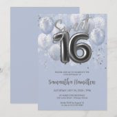 Silver Foil Sweet 16 Birthday Balloons Dusty Blue Einladung (Vorne/Hinten)