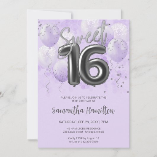 Silver Foil Sweet 16 Birthday Balloons Lavender Einladung (Vorderseite)