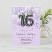 Silver Foil Sweet 16 Birthday Balloons Lavender Einladung (Stehend Vorderseite)
