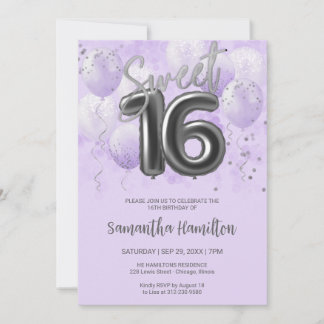 Silver Foil Sweet 16 Birthday Balloons Lavender Einladung