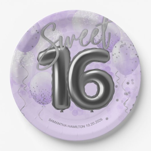 Silver Foil Sweet 16 Birthday Balloons Lavender Pa Pappteller (Vorderseite)