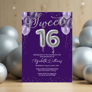 Silver Foil Sweet 16 Birthday Balloons Lila Einladung