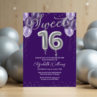 Silver Foil Sweet 16 Birthday Balloons Lila Einladung