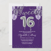 Silver Foil Sweet 16 Birthday Balloons Lila Einladung (Vorderseite)