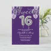 Silver Foil Sweet 16 Birthday Balloons Lila Einladung (Stehend Vorderseite)