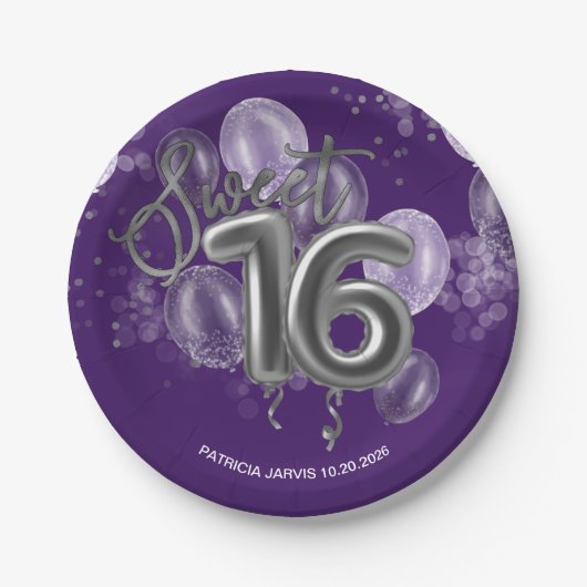 Silver Foil Sweet 16 Birthday Balloons Lila Pappteller (Vorderseite)