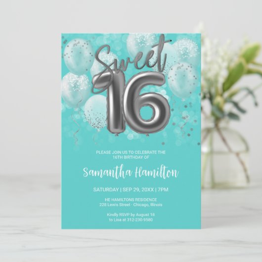 Silver Foil Sweet 16 Birthday Balloons Party Aquam Einladung (Stehend Vorderseite)