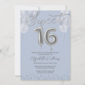 Silver Foil Sweet 16 Birthday Balloons Party Blue Einladung (Vorderseite)