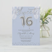 Silver Foil Sweet 16 Birthday Balloons Party Blue Einladung (Stehend Vorderseite)