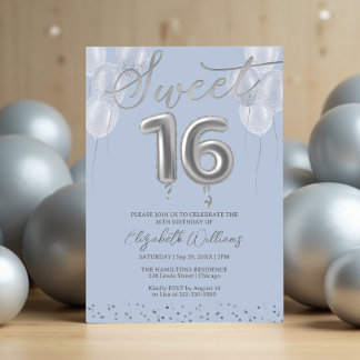 Silver Foil Sweet 16 Birthday Balloons Party Blue Einladung