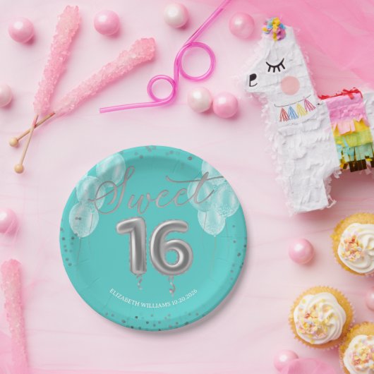Silver Foil Sweet 16 Birthday Balloons Royal Aquam Pappteller (Party)