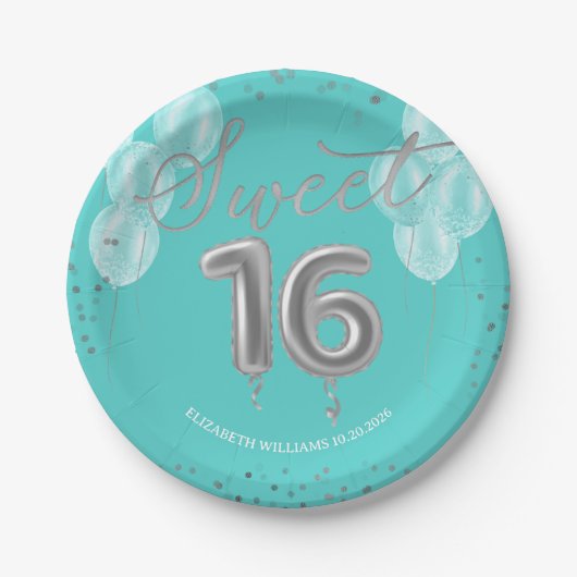 Silver Foil Sweet 16 Birthday Balloons Royal Aquam Pappteller (Vorderseite)
