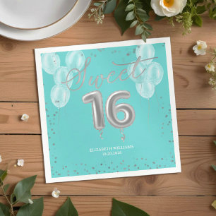 Silver Foil Sweet 16 Birthday Balloons Royal Aquam Serviette