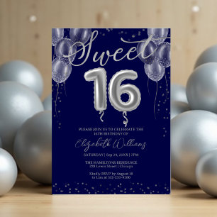 Silver Foil Sweet 16 Birthday Balloons Royal Blue Einladung